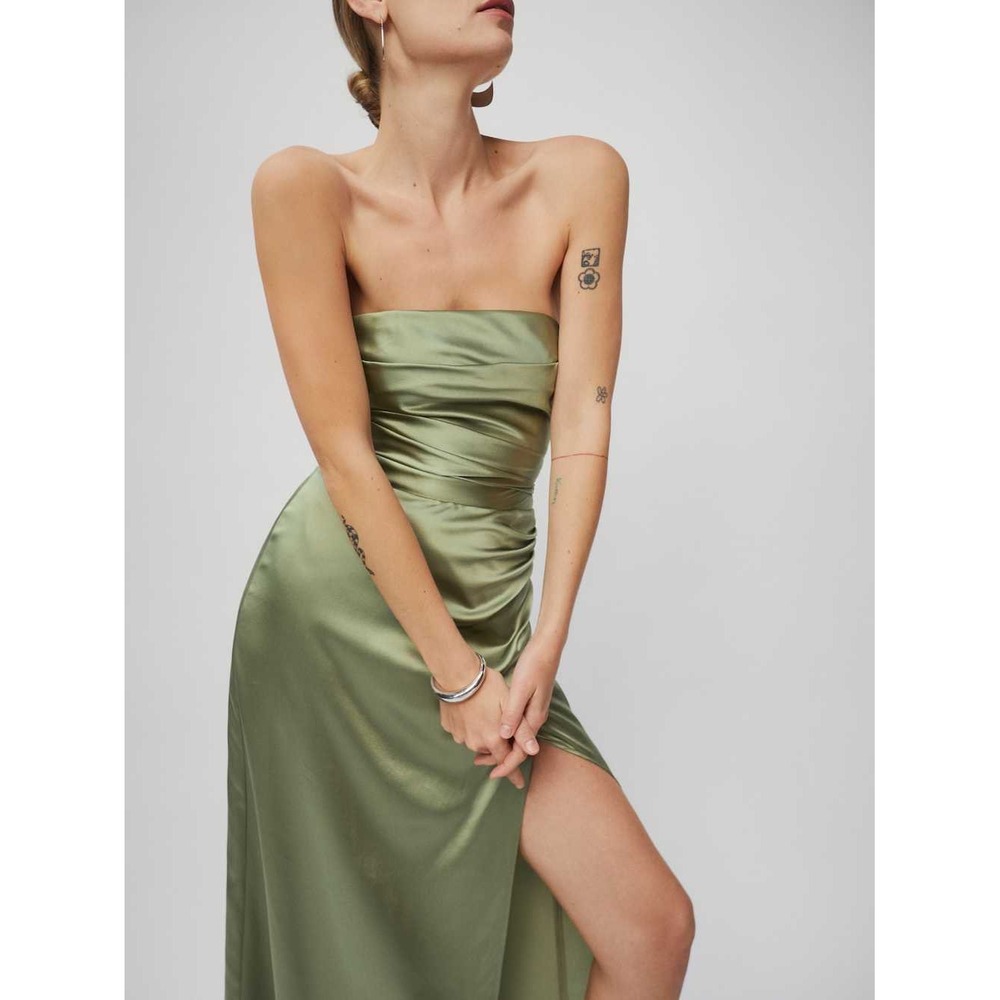 Reformation Barrow Silk Dress Artichoke Green Strapless Maxi Slit Size 8 NWT